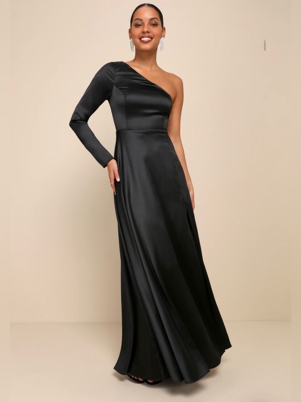 Lulus One-Shoulder Black Satin Formal Evening Gown Gothic Glam